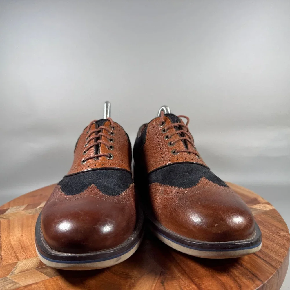 Johnston & Murphy Mens Brown Pebble Leather Navy Suede Wingtip Oxfords Size 9M